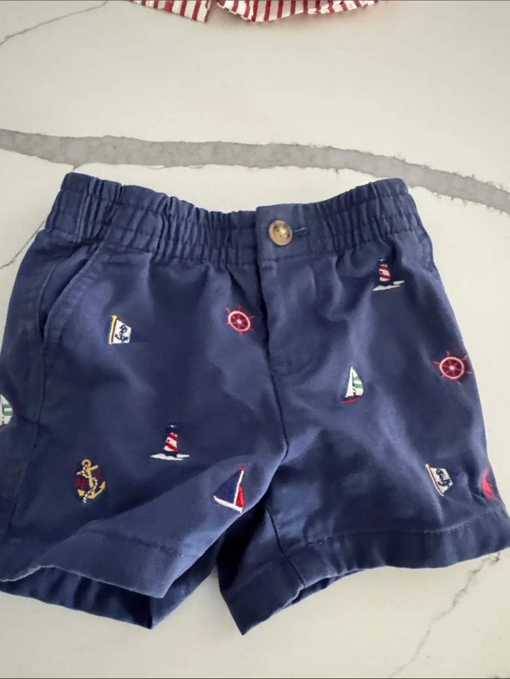 Ralph Lauren Kids Navy Embroidered Nautical Shorts with Red Stripe Shirt